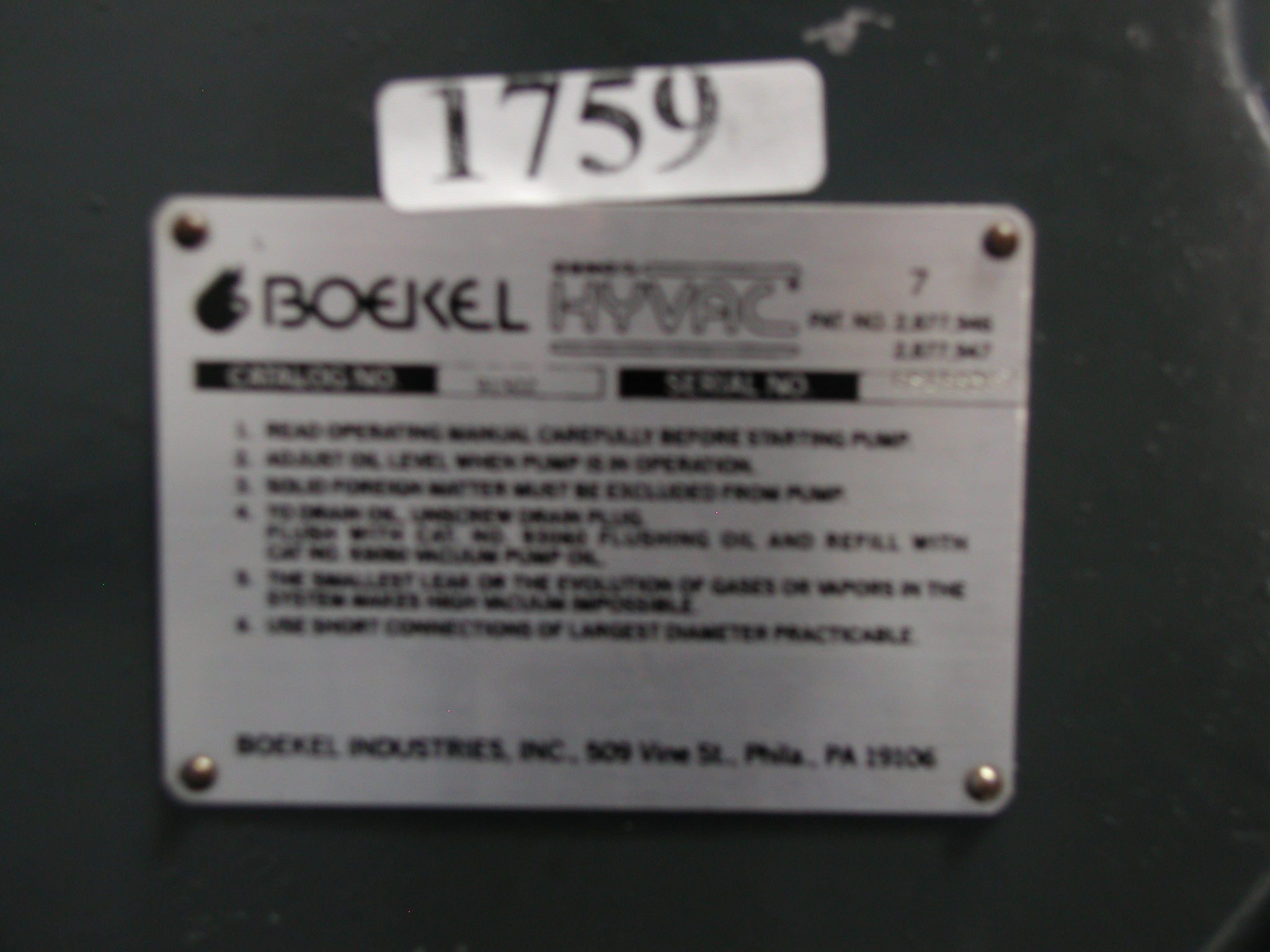 1759: Hyvac 7 Vacuum Pump, Pump, Boekel Scientific