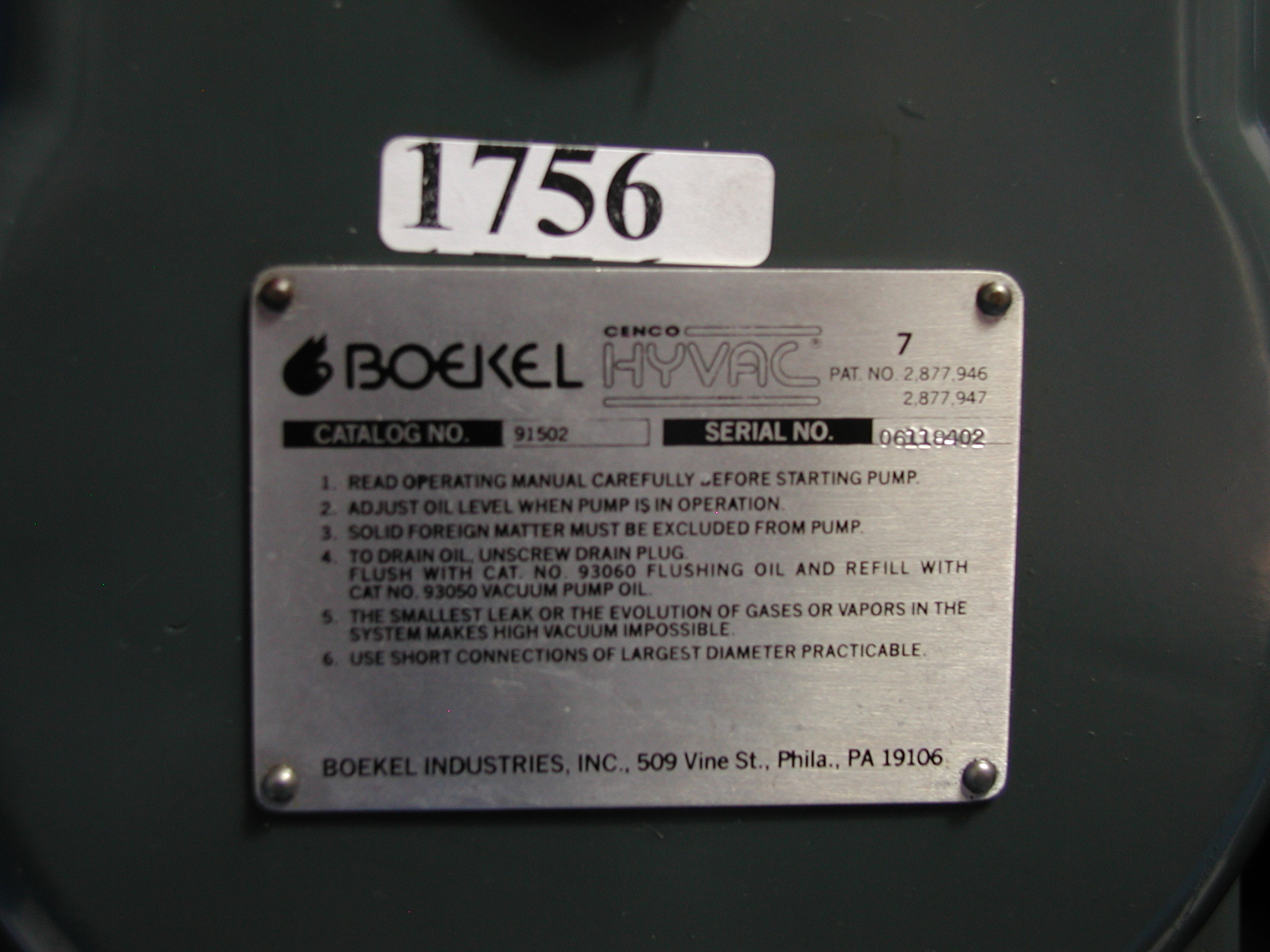 1756: Hyvac 7 Vacuum Pump, Pump, Boekel Scientific