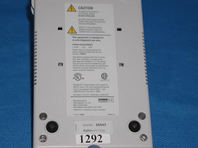 1292: Pharmanetics Rapid Point Coag, Coagulation Analyzer / Timer, Bayer PharmaNetics